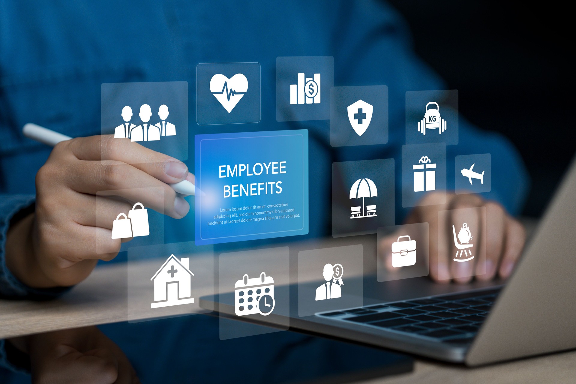 Employee benefits concept and access to welfare health, 
Fringe benefits for employee engagement. Insurance, paid vacation, office perks. Businessman using laptop to electronic on screen.