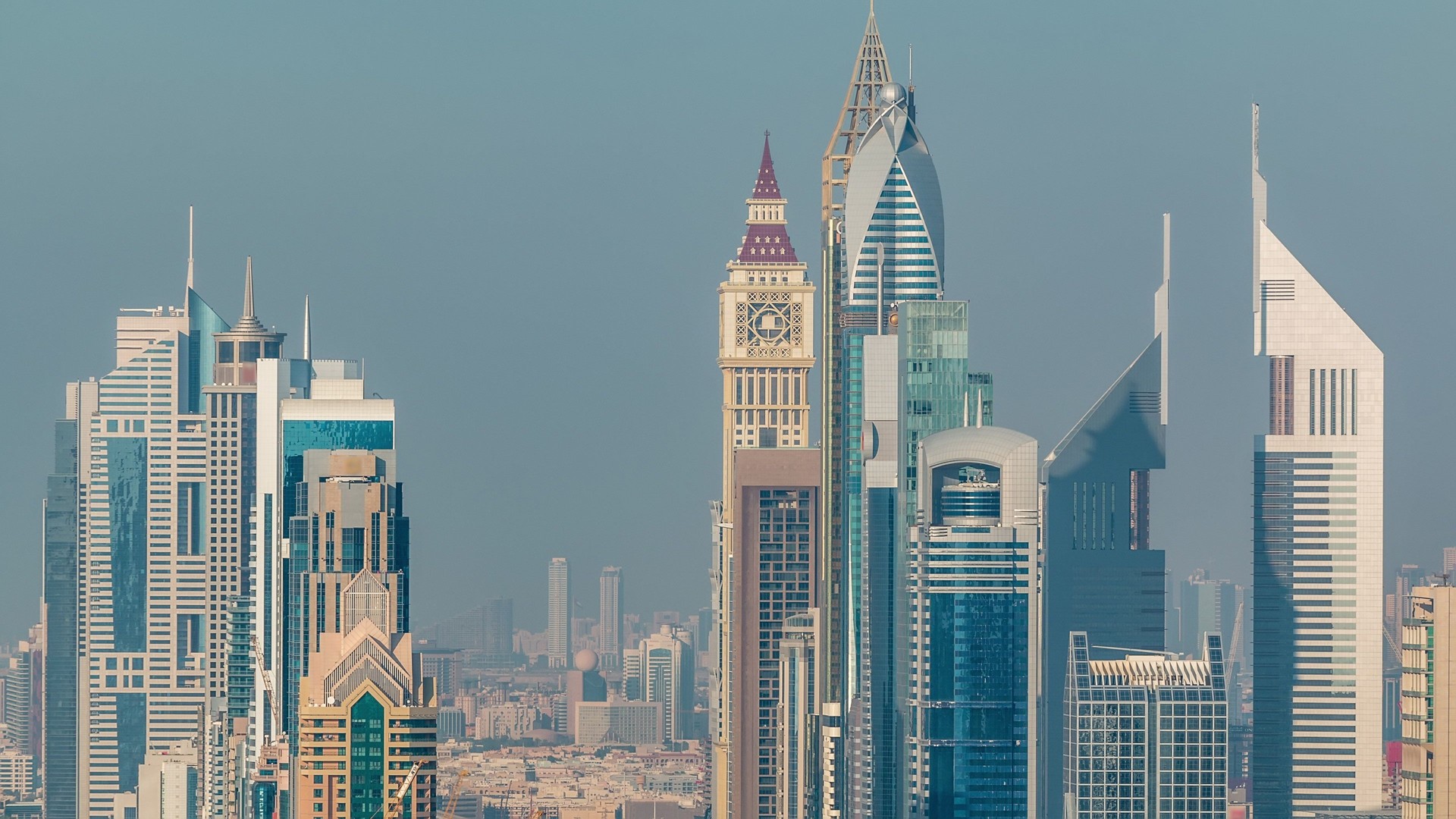 Skyscrapers on Sheikh Zayed Road and DIFC aerial timelapse in Dubai, UAE